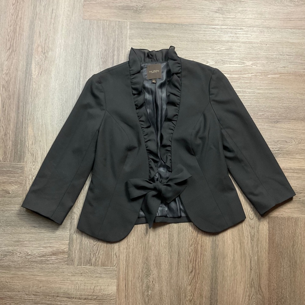 VTG The Limited Collection Chiffon Ruffle Front Bow Crop Blazer Womens XS Black